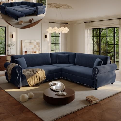 Image of KEIKI 88.2 inch Chesterfield Sleeper Sofa, Chenille Sectional Couch, Blue