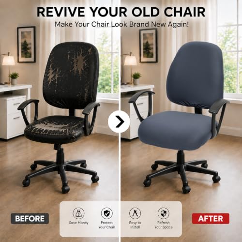 Image of Stretchable Desk Office Chair Seat Covers - Universal Stretch Computer Chair Slipcover - 180GSM Washable Rotating Backrest Coverings & Cushion Protectors for Dogs, Cats, Pets, Dark Gray