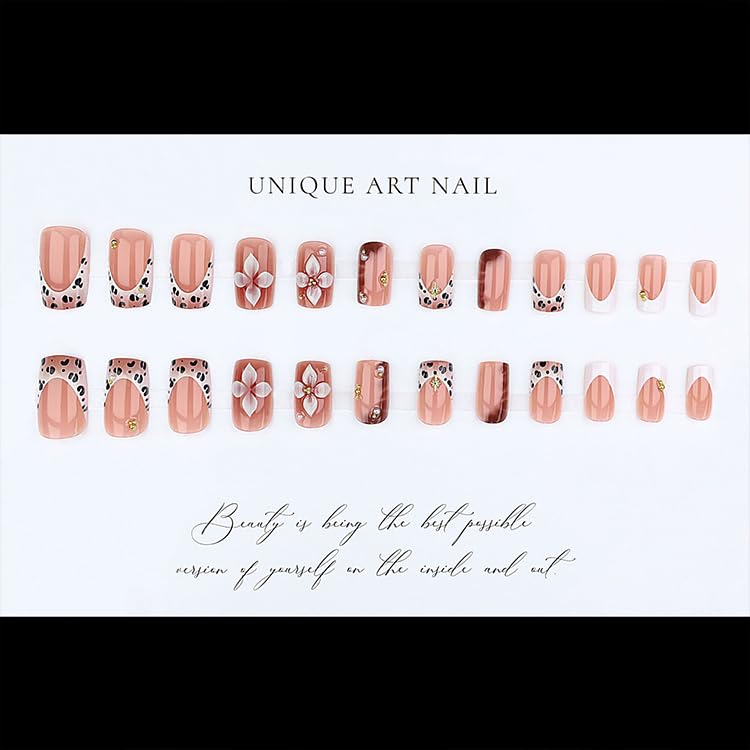 Flower Press On Nails Medium Square Fake Nails With Gold Pearl Star Designs Nude Pink False Nails Leopard Print Nail Press Ons Flower Embossment Full_voghion.com