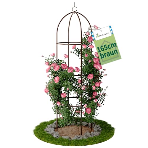 TTL Garden Obelisk Rankhilfe L 165x40cm braun - Rosen Rankgitter Metall rostfrei für Kletterpflanzen Rosen Clematis - pulverbeschichteter Stahl 165 cm hoch 40cm Ø Rankobelisk für Tomaten Gurken