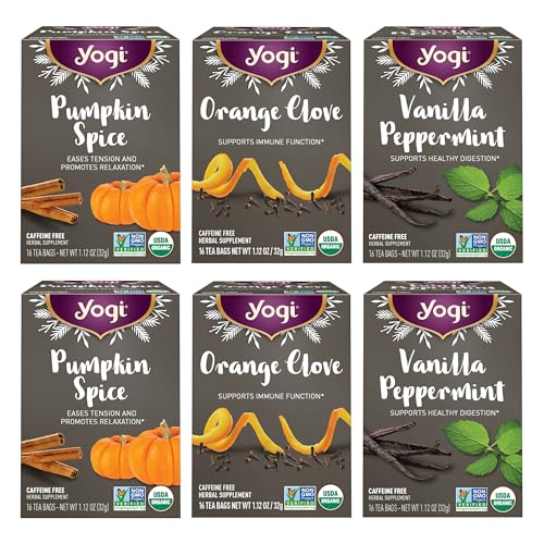 Yogi Tea Holiday Variety Sampler - 16 Bags per Pack (6 Packs) - Holiday Sampler - Includes 2 Vanilla Peppermint, 2 Orange Clove & 2 Pumpkin Spice - Seasonal Tea Sampler Set