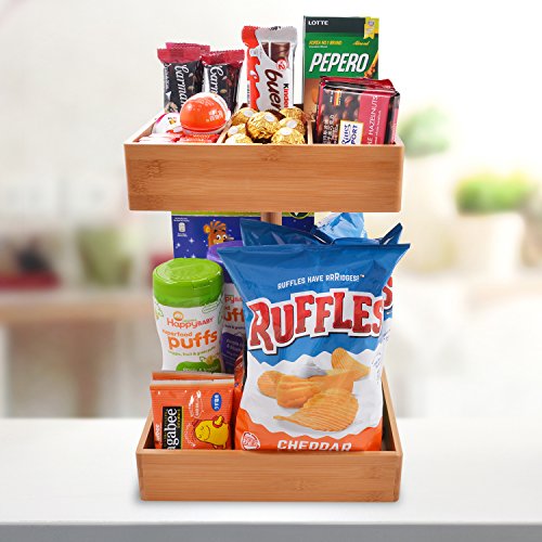 Refine Bamboo Kitchen and Snack Organizer. 360 rotating, 2 tier high capacity wooden storage rack. Great for condiments, seasonings, spices, tea bags, bottles, cans, snacks - Thumbnail 3