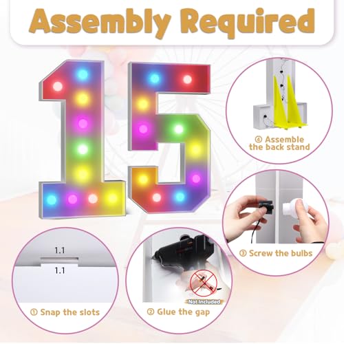 Image of Imprsv Colorful 4FT Marquee Numbers Light up Numbers 15 Birthday Decoration | RGB with Remote, Party Decorations Anniversary Wedding Decorations Assembly Required Foam Board 42 Pcs Accessory Set