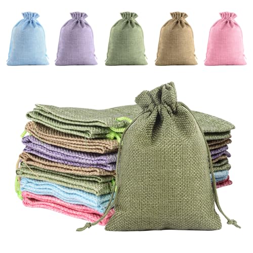 20 Stück Jutesäckchen mit Kordelzug, Bunte Klein Geschenkbeutel, 10 x 14 cm Wiederverwendbare Stoffbeutel, Säcke für Adventskalender Schmuck Geschenk (5 Farben)