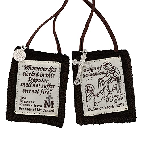 Escapulario católico marrón | Incluye crucifijo y medalla de San Benito de metal plateado | Nuestra Señora del Monte Carmelo | Tradicional | 100% lana | Hecho en Italia2