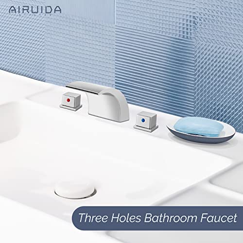Airuida Chrome Polish Waterfall Widespread Bathroom Sink Faucet Two Handles Bathroom Faucet 3 Hole 8 Inch Deck Mount Commercial Lavatory Vanity Sink Faucet Mixer Taps With Pop Up Drain Supply Hoses #TOP2