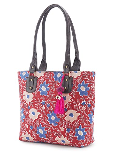 Image of NEPRI Office Pouch Tote Bag | Stylish Set of 2 Tote Bags for Women| Vegan Leather & Handblock Printed Fabric Handbag with Double Handle Shoulder Strap| Daily & Travel Use
