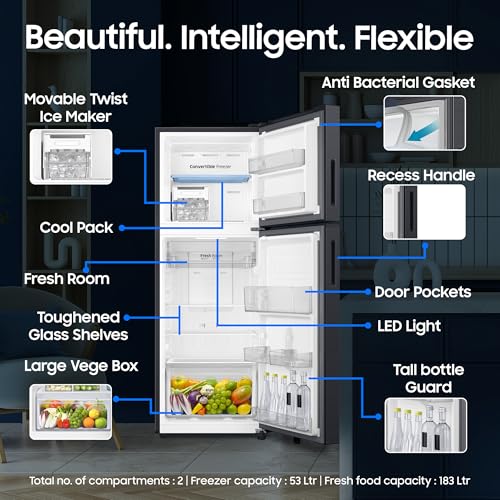 Image of Samsung 236 L, 3 Star, Bespoke AI, Convertible, Digital Inverter Frost Free Double Door Refrigerator (RT80H28U3FHL, Black DOI, 2026 Model)