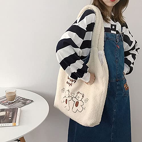 MEGAUK Women Faux Fur Tote Bag Girls Cute Bear Fluffy Shoulder Bag Plush Bag For Shopping Dating, Bear Toast White - Image 2