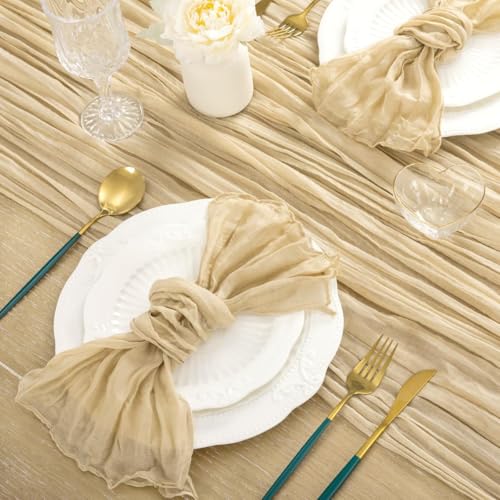 Image of MLMC 8 Pack Champagne Table Runner 10ft Rustic Sand Cheesecloth Table Runner Bulk 35x120 Inches Neutral Gauze Cheese Cloth Centerpiece for Outdoor Wedding Bridal Shower Gathering Party Decor