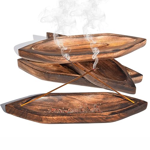 Image of Pure Source India Natural Wood Bote Shape Incense Holder and Ash Catcher (11 X 3 Inch - 4 Pieces)