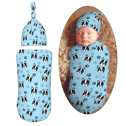 AuHomea Cute Boston Terrier Puppy Newborn Swaddle Blanket with Beanie Set Soft Baby Sleep Sack Stretch Adjustable Swaddle Wraps Receiving Blankets