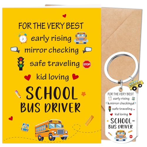Luvsweets 2Pcs Bus Driver Appreciation Gifts, School Bus Driver Thank You Card with Envelope Keychain, Bus Driver Christmas Retirement Thanksgiving End of School Year Birthday Gifts