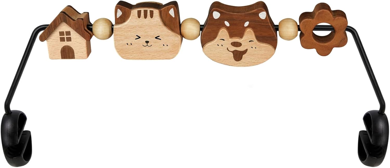 iGRATENS Three-Dimensional Baby Bjorn Bouncer Toy Bar, Toy for Baby Bouncer Soft & Bliss, Easy to Attach and Remove, 360°Rotating Natural Wooden Toys, Double-Sided Raised Design, Cat & Dog