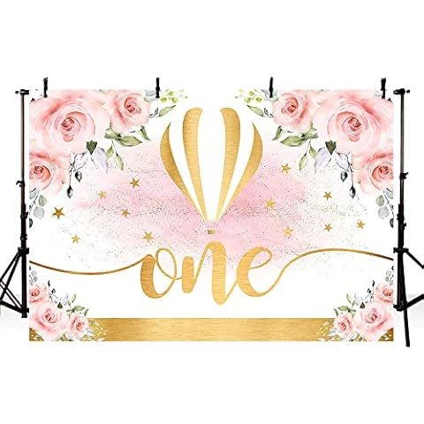 MEHOFOND 7x5ft Pink Flower Girl 1st Birthday Party Backdrop Decor Banner Spring Floral Golden Stars Balloons Photography Background Cake Smash Supplies Photo Studio Props Cover