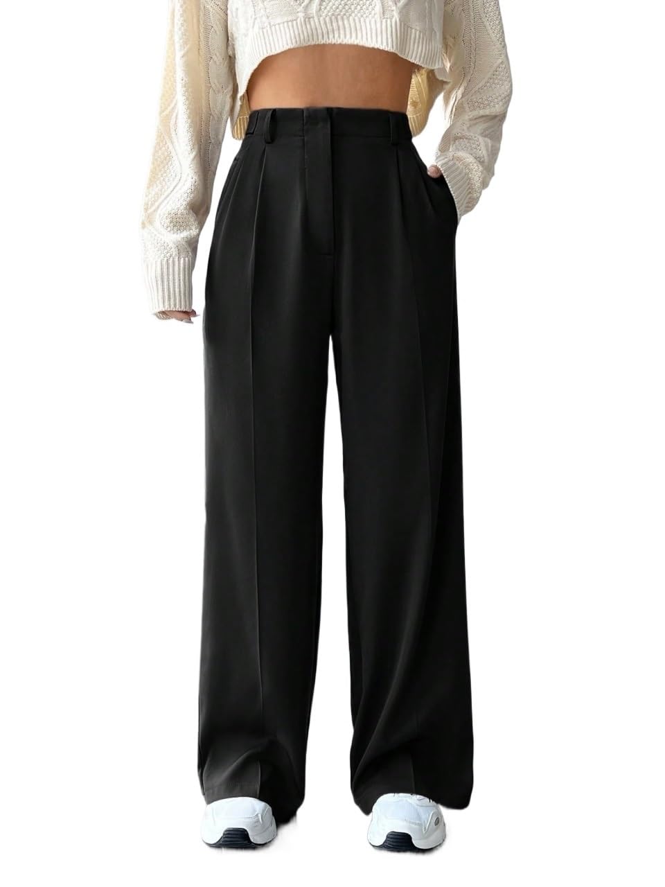 Womens Fall Solid High Waist Wide Leg Suit Pants Trousers Black