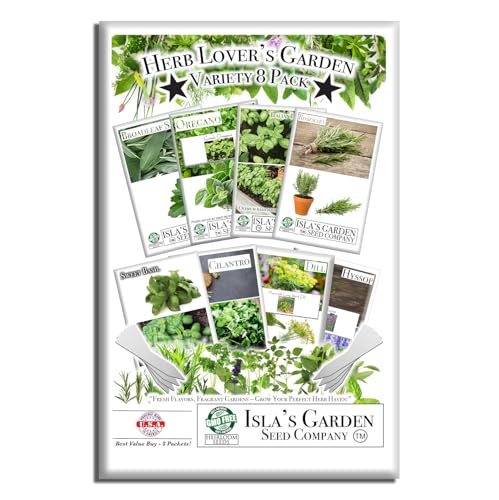 Herb Lover's Garden Variety 8-Pack Collection Starter Kit by Isla’s Garden Seeds, Includes Basil, Oregano, Dill, Sage, & More, Perfect Fresh Aromatic Herbs for Cooking, Teas, & Thriving Home Gardens