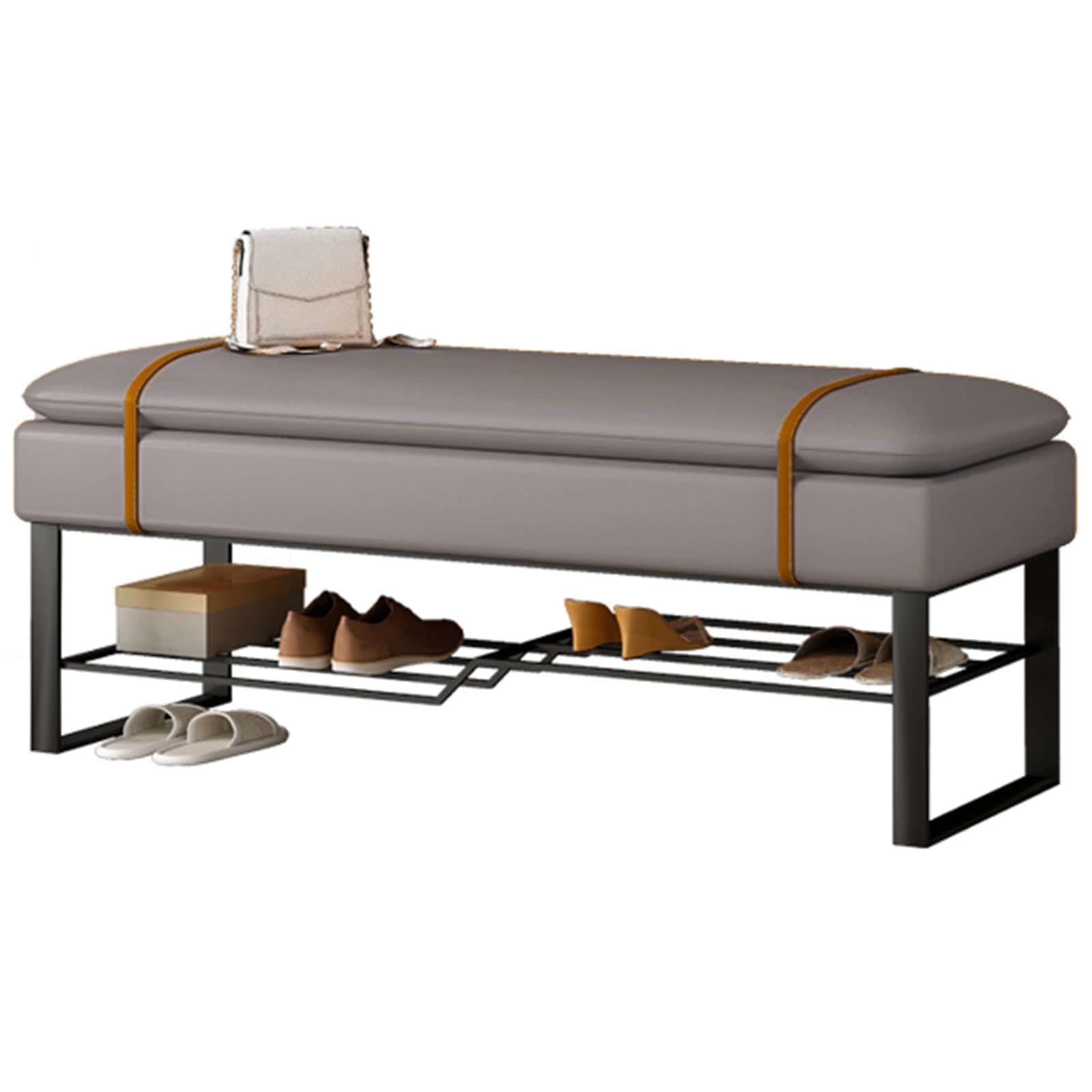MSHGSKU Multifunctional Gray Entryway Bench with Shoe Storage PU Upholstered & Carbon Steel Frame 39.37in 100cm Stylish Living Room & Bedroom Storage Solution