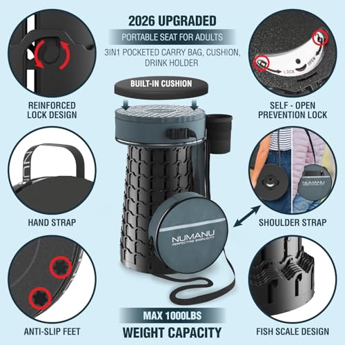 Image of NUMANU 2026 Upgraded XXL Collapsible Stool & 3IN1 Cushioned Carry Bag, 2.7 inch-19.7 inch Height Adjustable, Max 1,000lbs Portable Retractable Telescoping Seat, Foldable Camping Stool for Adults (XXL Round)