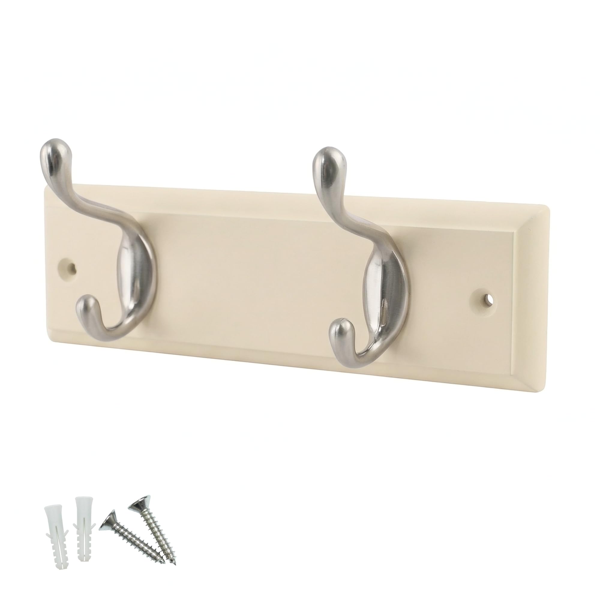 Keypak 2 Hook Cream Wall Mounted Coat Rack with 2 Basic Satin Nickel Hooks - Heavy Duty Wooden Board for Coats, Hats, Bags, Tools Space Saving Wall Storage Organiser, Fixings Included