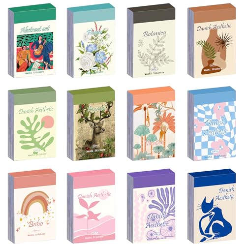 Image of 12 Sets 600 Sheets Washi Stickers for Journaling, Boho, Abstract, Vintage Scrapbook Sticker Set for Bullet Journal Art Diary Card Craft Gifts Planner Notebook