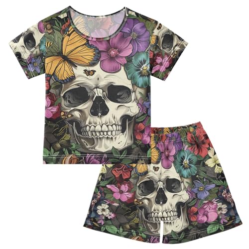 ALAZA Skull Flowers Butterflies Pajama Set Short Sleeve Sleepwear Soft Lounge Nightwear