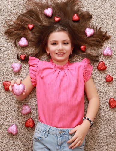Image of Arshiner Girls Ruffle Short Sleeve Shirts Cute Summer Frill Neck Pleated Textured Blouse Tops