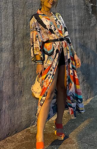 RanRui kimonos women‘s floral print plus size swimsuit cover ups fast dry long sleeve Loose open front bathing suit cover ups even kimonos robe dusters beach cover up with belt (281)4