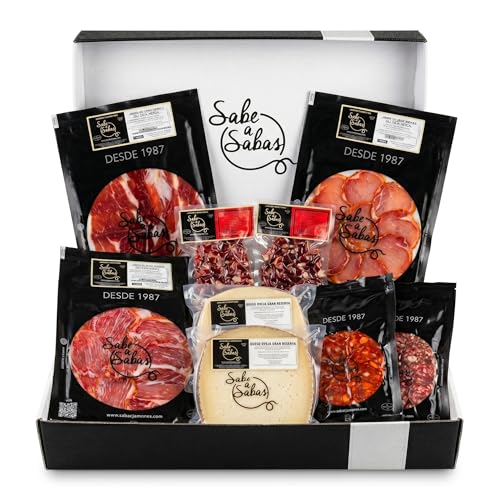 SABE A SABAS Caja de ibéricos 4 sobre de jamón ibérico 4 de salchichón 4 de chorizo 4 de lomo 2 sobre de taquito iberico 4 sobres cortados a tapitas queso Curado de Oveja todos de 100 gr