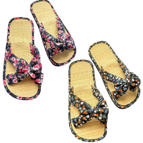 Women's Bow Bamboo Flip Flop,Straw Beach Flat Sandals Handmade,Eco-Friendly Straw Footwear (6.5, Blue)2