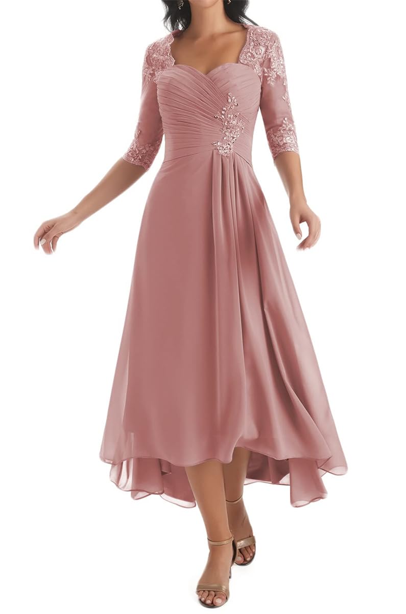 HPPEE Tea Length Dusty Rose Mother of the Bride Dresses Plus Size or Wedding with Sleeves Lace Applique A Line Chiffon Formal Party Dress UK22