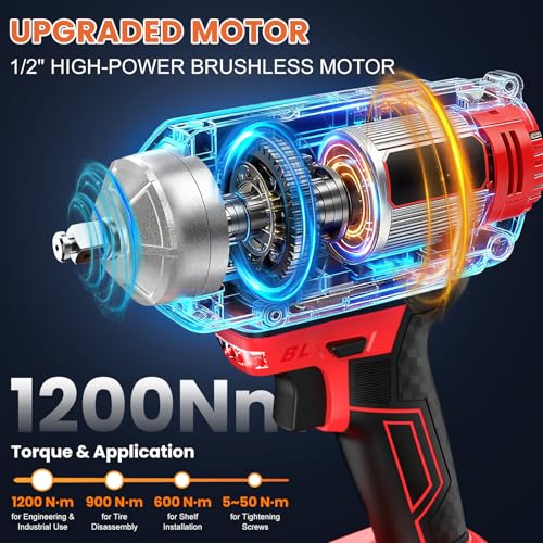 Image of XIAZIR 1200 N.m 3-in-1 Battery Impact Wrench /Impact Driver - High Torque 1 /2 inch with Brushless Motor, 2x 4.0Ah Batteries, Sockets, Bits and Bits