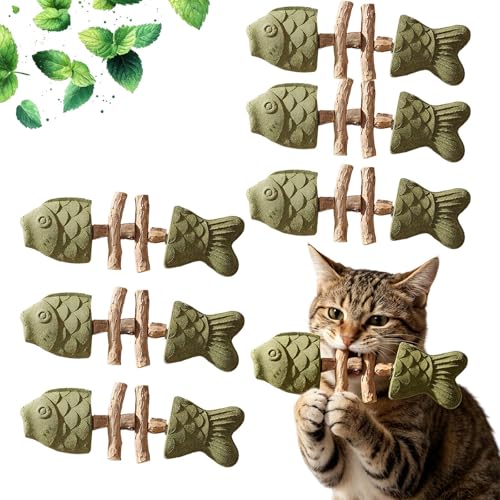 Lubunet 6Pcs Catnip and Silvervine Chew Fish Bone Cat Dental Chew Toy Natural Wooden Teeth Cleaning Stick for Teething Boredom Relief & Daily Enrichment Ideal for Cat Owners (01)