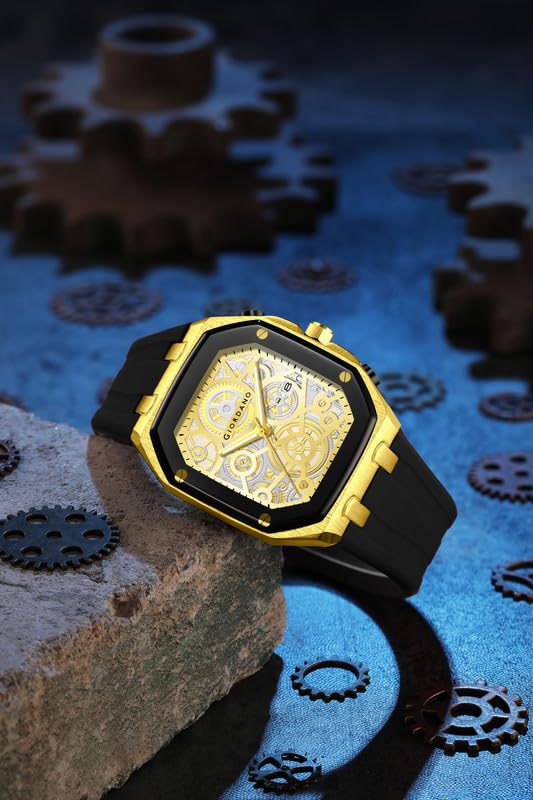 Image of Giordano Analog Quartz Watch for Men with Octagonal Skeleton Dial, Exposed Gear Design, Date Display and Silicone Strap - GZ-50221