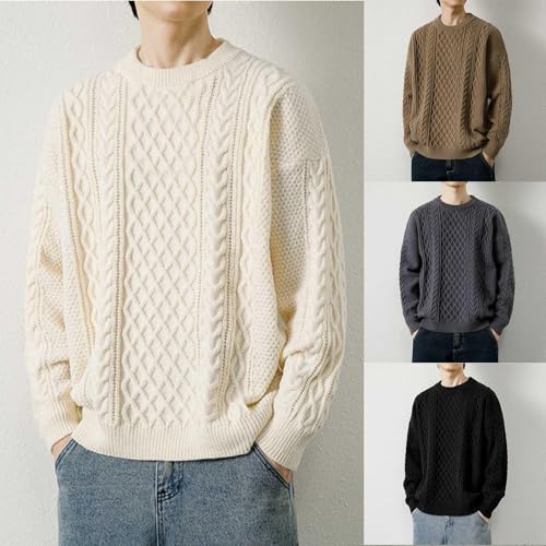 Men's Cable Knit Pullover Sweater,Classic Solid Colors Crewneck Sweater, Fisherman Twist PatternedCasual Sweater3
