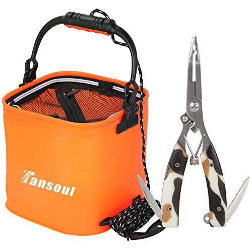 Tansoul バッカン バケツ 水汲み 折りたたみ フィッシングプライヤー付き 釣り 洗濯用 メッシュカバー付き 22cm