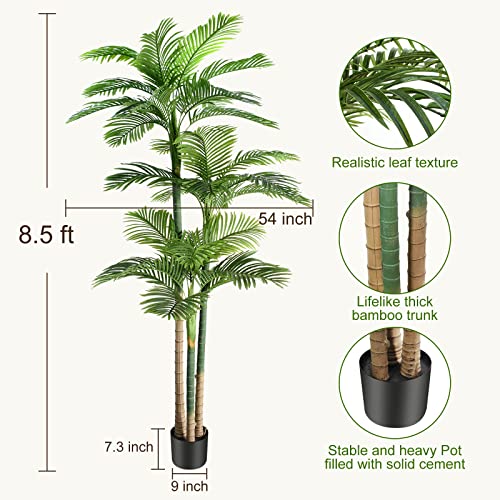 Keeplush 8.5ft Artificial Golden Cane Palm Tree - Large Triple Fake Palm Tree in Pot for Indoor/Outdoor, Patio, Pool, Big House, Office, Backyard, Home Decor - Green, Extra Tall
