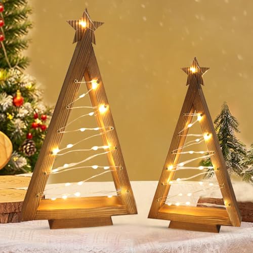 KIKVTER Lot de 2 décorations de Noël LED en bois avec étoile - Sapin de Noël lumineux avec guirlande lumineuse LED - Décoration de Noël en bois -...