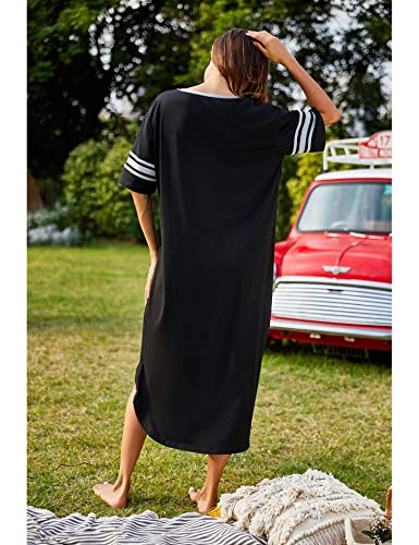 Ekouaer Sleepwear Womens Loungewear Soft Long Nightgown Short Sleeve Pajama House Dress V Neck Sleep Shirts Nightshirt Black #TOP5