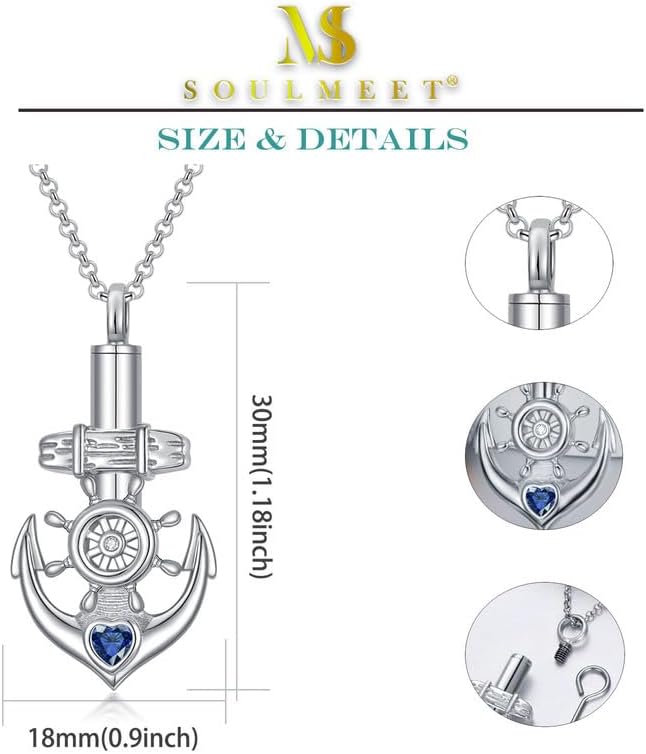 SOULMEET Birthstone Anchor Necklace for Ashes, Nautical Anchor Birthstone Urn Locket, Silver/White Gold Keepsake Cremation Jewelry Gift Pet Human Ashes Holder Sailing Pendant Necklace