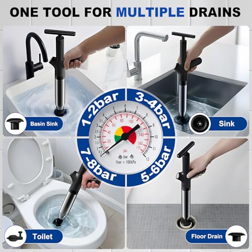 Image of High Pressure Toilet Plunger, Heavy Duty Plunger for Bathroom, Dark Black | Toilet Unclogger Tool for Drain Clog, Heavy Duty Toilet Plunger with Pressure Gauge, 4 Heads for Bathroom, Sink, Shower