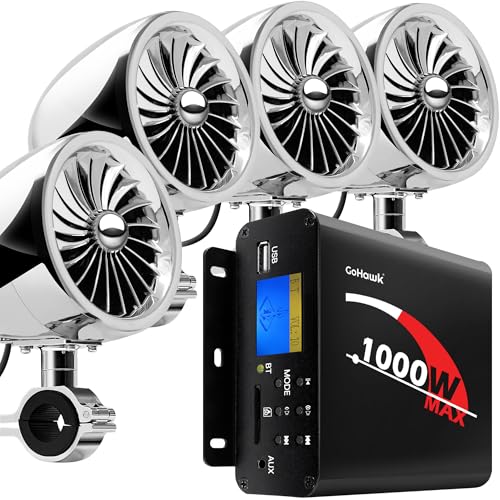 GoHawk Motorcycle Speakers Bluetooth 4 Inch Waterproof Radio Audio System and 1000W Amplifier AUX USB SD FM Radio, Great for Use with ATVs/Motorcycles, 12 Volt Vehicles