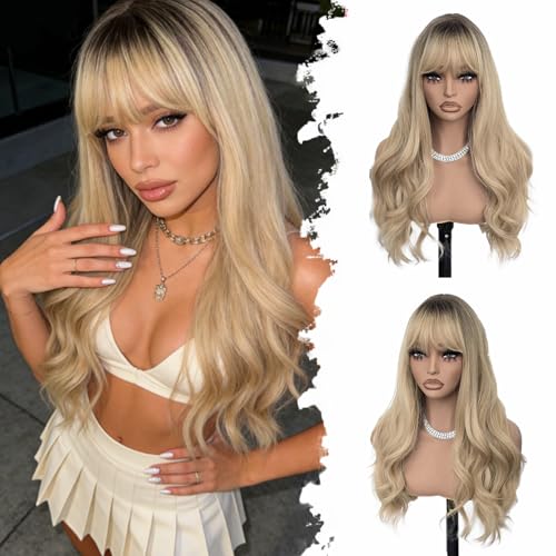 Lisook Long Blonde Wig with Bangs Long Wigs for Women Blonde Wigs Synthetic Wig Wavy 26 Inch Ombre Blonde Wig with Dark Roots Realistic Wig Natural Hair Replacement Wigs for Holiday Daliy Party Use