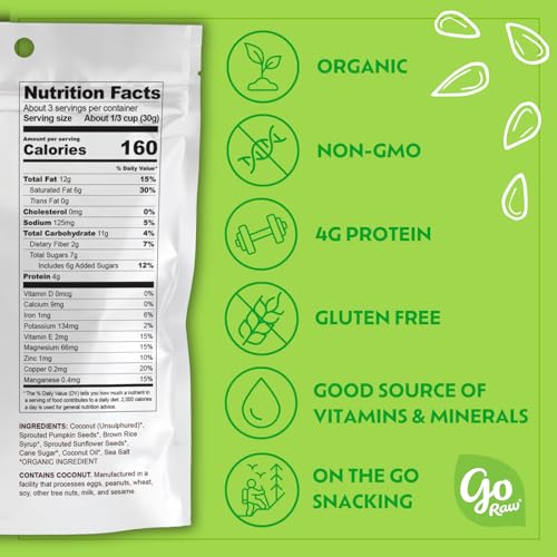 Go Raw Sprouted Organic Clusters, Coconut & Sprouted Seeds, Sweet & Salty, Good Source of Vitamin E, Magnesium & Zinc, Vegan Friendly, USDA Certified Organic, Gluten Free & Non-GMO, 3 Ounce (Pack of 6)