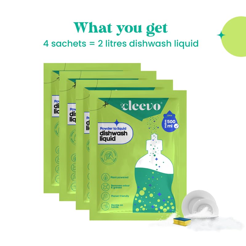Image of Cleevo Dishwash Liquid Gel 2L Refill Pack (4 Sachets makes 2 Litre), No Bottle |Powder to Liquid | Removes Grease & Burnt Residue | Non-Toxic, Kids & Pet Safe Dish Cleaner (Lime)