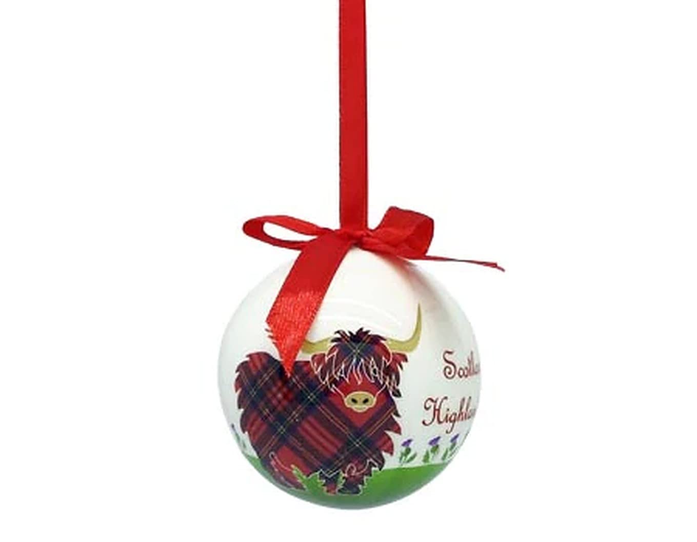 Royal Tara Red And Green Highland Cow Bauble In Gift Box