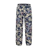FYTIRANO Men’s Blue Floral Black/White Tapestry Multi-Pockets Jogger Streetwear Embossed Jacquard Cargo Pants
