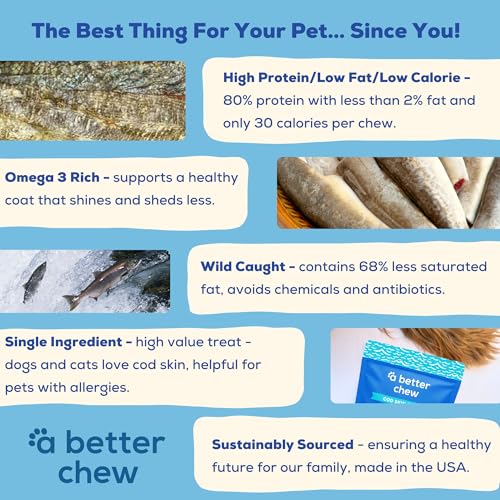 A-Better-Treat–Wild-Caught-Cod-Skin-Dog-Treats-Sourced-and-Made-in-The-USA-Single-Ingredient-Dehydrated-Natural-Healthy-Alternative-to-Rawhides-Bully-Sticks-Long-Lasting-Chew A Better Treat–Wild Caught Cod Skin Dog Treats Sourced and Made in The USA Single Ingredient Dehydrated Natural Healthy Alternative to Rawhides Bully Sticks Long Lasting Chew