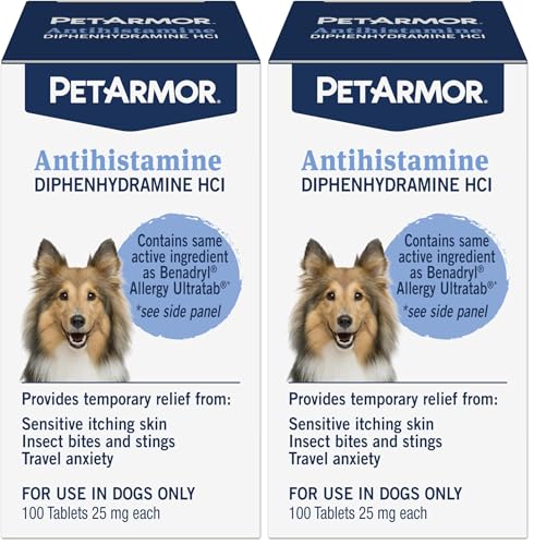 PetArmor Antihistamine Allergy Relief for Dogs, Easy-to-Use Allergy Medicine for Dogs, Anti-Itch Medicine Provides Relief from Insect Bites, and Stings, 100 Tablets (Pack of 2)