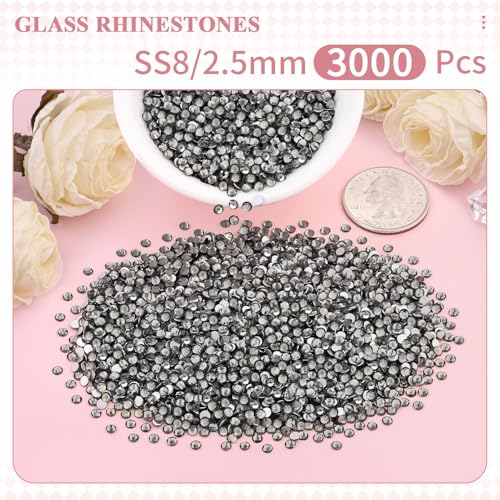 Image of 3000PCS SS8 /2.5mm Crystal Glass Rhinestones for Bedazzling (Black Diamond) | Flatback Rhinestones for Crafting DIY Nail Art Makeup Decoration, Gems Diomand Charms for Tumbler Shoes Clothing Mug